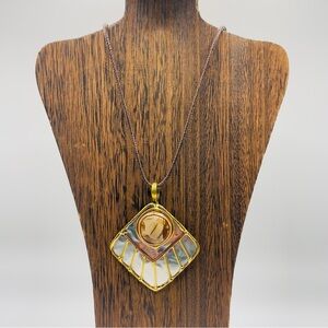 Handmade Artisan Gold, Copper and Silver Pendant Necklace with 18” Leather Cord